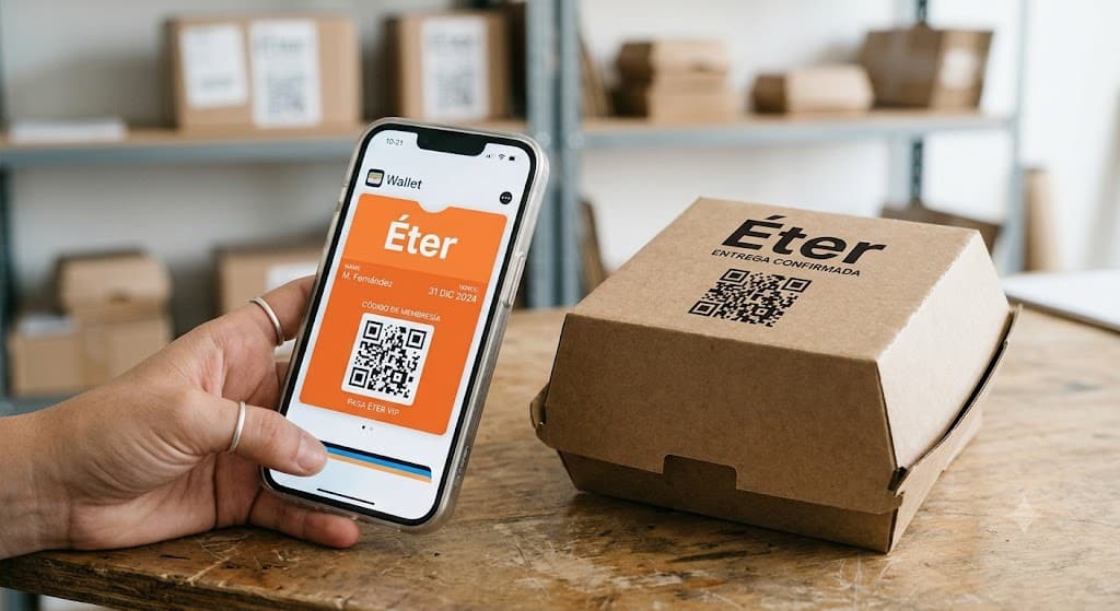 Empaque inteligente Éter Food Pack con QR dinámico para programa de lealtad en restaurante — cliente escanea y acumula sellos digitales en Apple Wallet