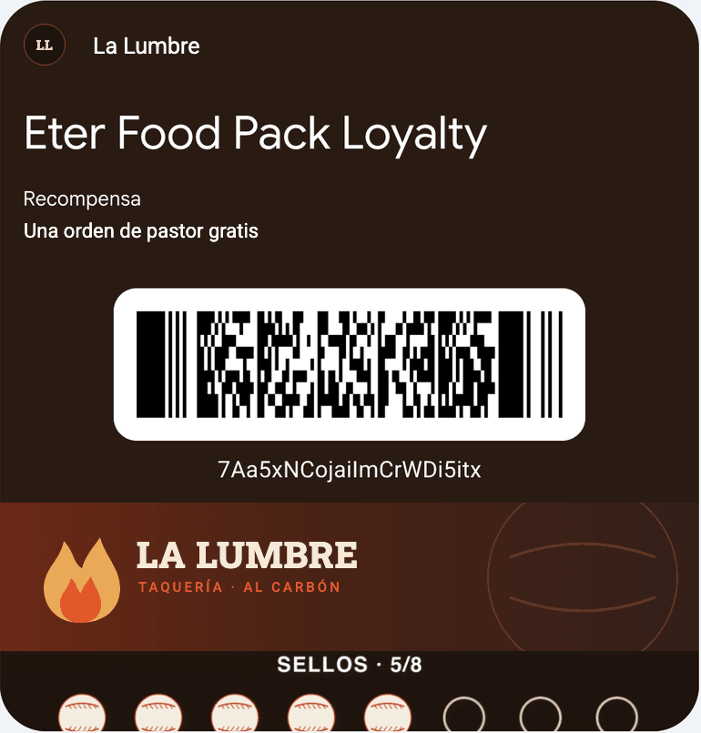 Tarjeta de sellos de una taquería en Google Wallet con 5 de 8 sellos